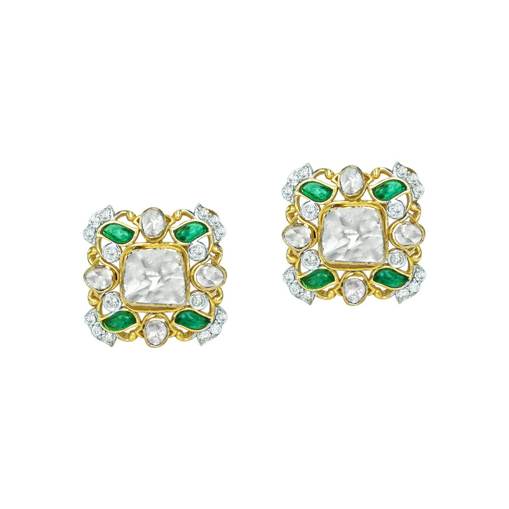 Square Polki Earrings with Emerald Leaves and Gold Filigree